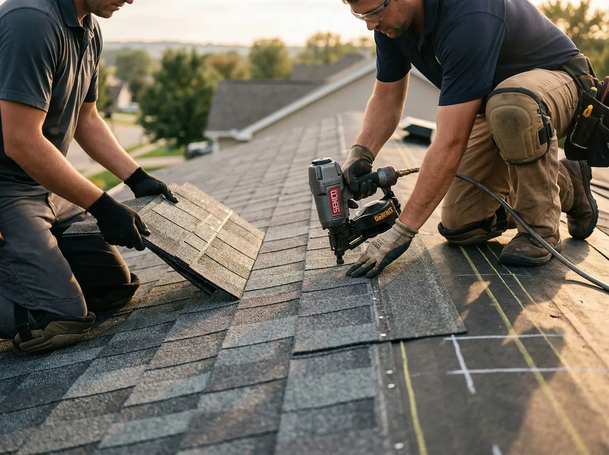 Professional roofer working on a residential roof in Humble